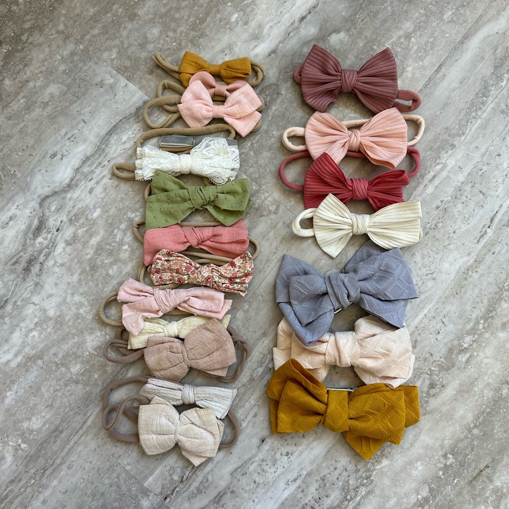 Baby Nylon Bows and Clips — pastel and neutral colors